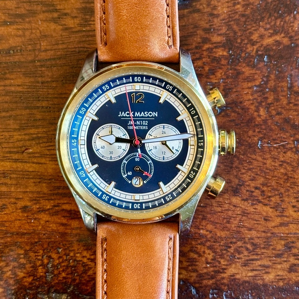 JACK MASON NAVY NAUTICAL CHRONOGRAPH TWO TONE WATCH TAN LEATHER JM-N102-337
